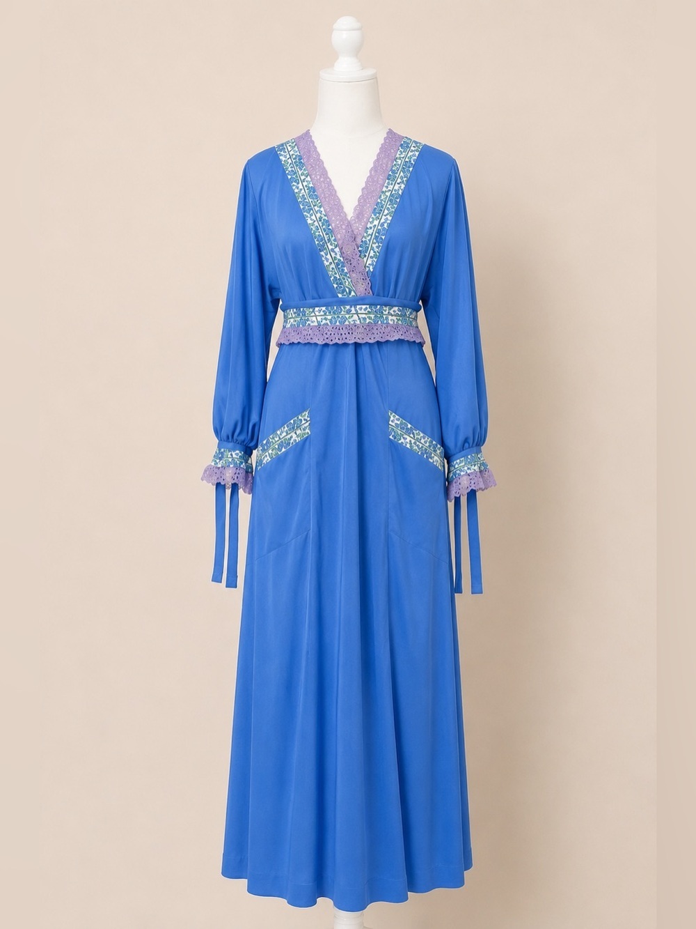 Vintage 70s JCPenney Blue Hostess Maxi Dress Bewitched Boho Moroccan Trim • S/M